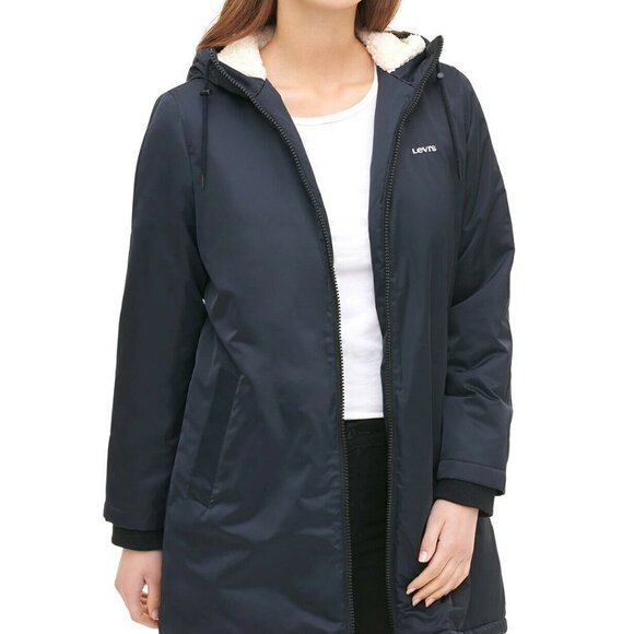 JR16 Levi's Black Women's Soft Sherpa Lining Long Coaches Jacket - Size M - Picture 1 of 5